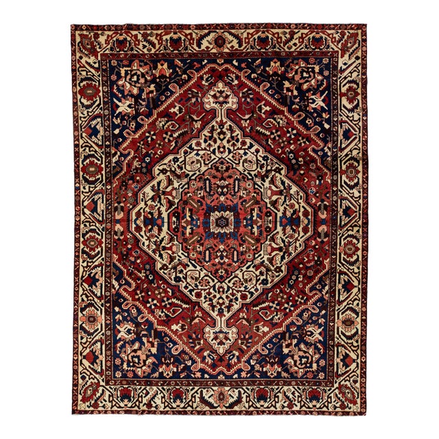 1960s Persian Designed Bakhtiari Wool Rug Handmade With Red and Blue Field For Sale