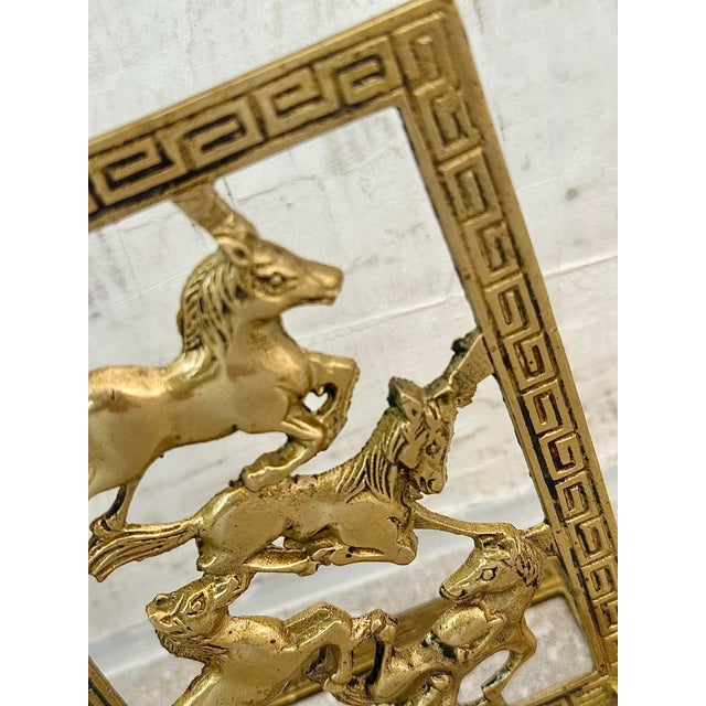 Mid-Century Modern Vintage Chinoiserie Brass Horse Bookends With a Cut-Out Design of Galloping Horses Surrounded by a Greek Key Border-a Pair For Sale - Image 3 of 12