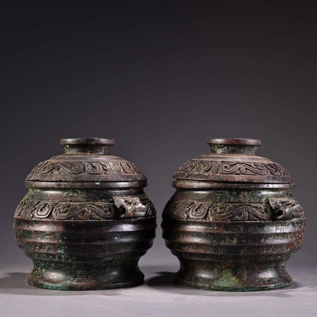 Asian Pair of Antique Bronze Lidded Jars With Archaic Scrollwork For Sale - Image 3 of 9