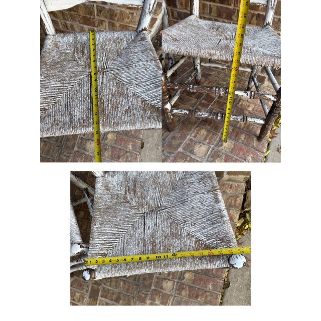 Early 20th Century Pair of Early 20th Century Rush Seat Ladderback Side Chairs With Distressed White Chippy Paint Finish For Sale - Image 5 of 12