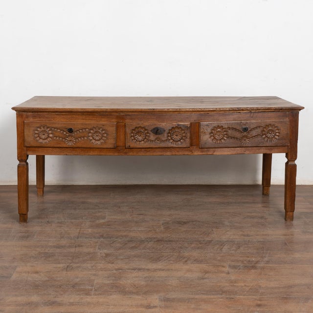 Spanish 17th Century Portuguese Dark Oak Console With Three Carved Drawers For Sale - Image 3 of 12