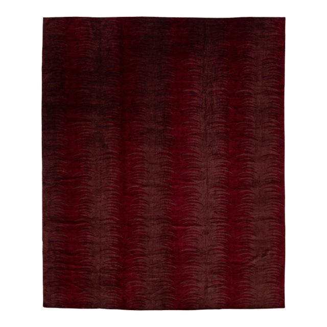 Modern Hand-Knotted Tibetan Wool & Silk Area Rug in Deep Wine Crimson 15x18 For Sale