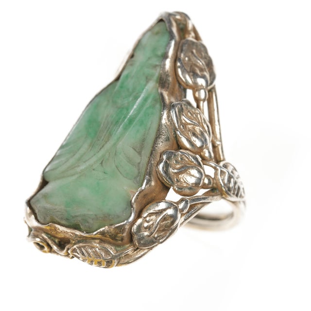 sz4.25 Antique Chinese carved Jade ring mounted in silver For Sale - Image 4 of 8