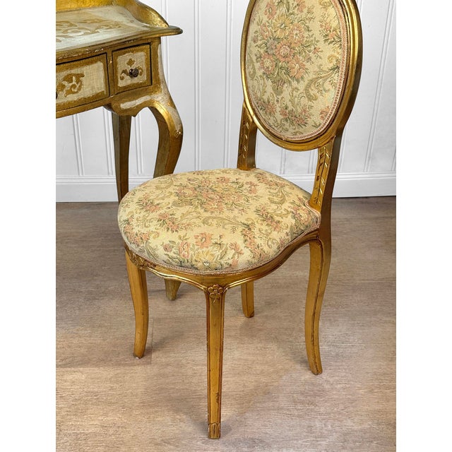 Wood Vintage Italian Rococo Gold Giltwood Writing Desk Vanity W/ Chair For Sale - Image 7 of 14