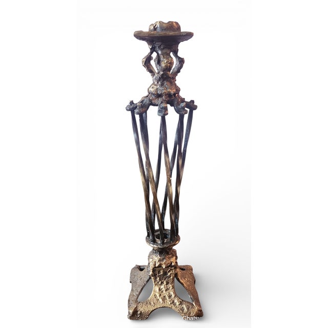 Rare Pair Bronze Sculptured Brutalist Judaica Ceremonial Candlesticks ~ Chaim Hendin (b.1920) For Sale - Image 12 of 16