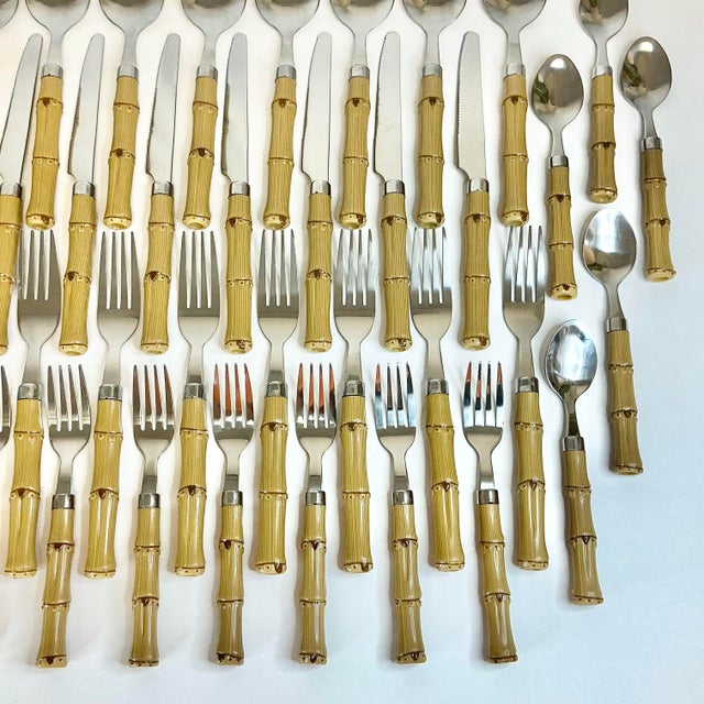 Metal Vintage Coastal Boho Chic Chinoiserie Faux Bamboo & 18/8 Stainless Flatware Set- 49 Pieces. For Sale - Image 7 of 12