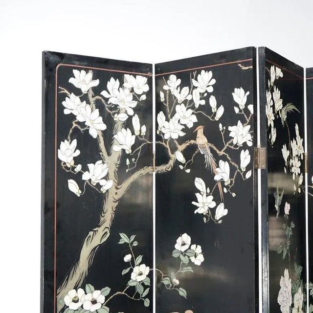 Chinoiserie Ebonized Chinoiserie Decorated Four Panel Landscape Screen with Garden, 20th Century For Sale - Image 3 of 13