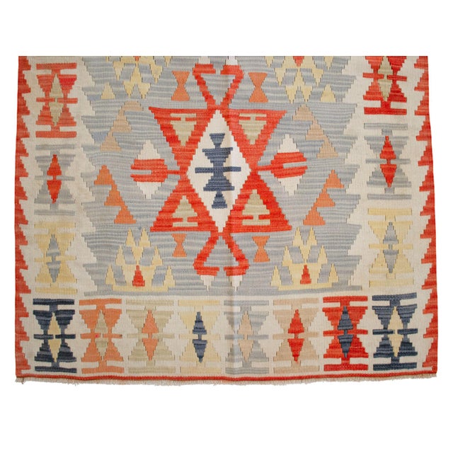 Vintage Turkish Kilim – Handwoven Wool Flat Weave Rug With Tribal Geometric Design For Sale - Image 10 of 12
