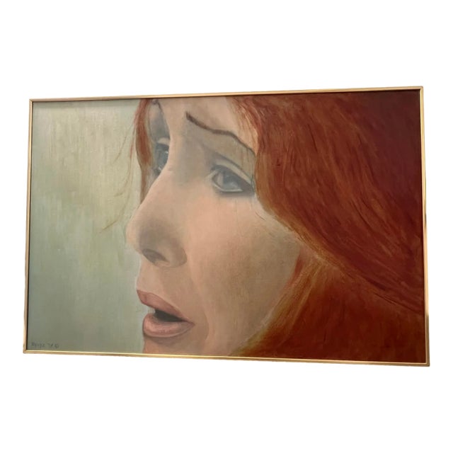 Vintage Mid Century Modern 1970s Women Portrait Oil Painting Canvas For Sale