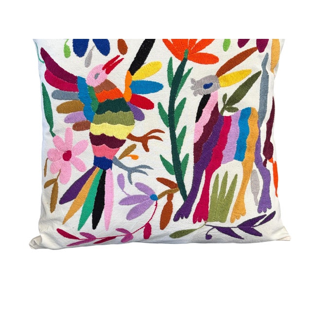 Beige Mexican Otomi Textile Hand Embroidery Pillow 16" W For Sale - Image 8 of 9