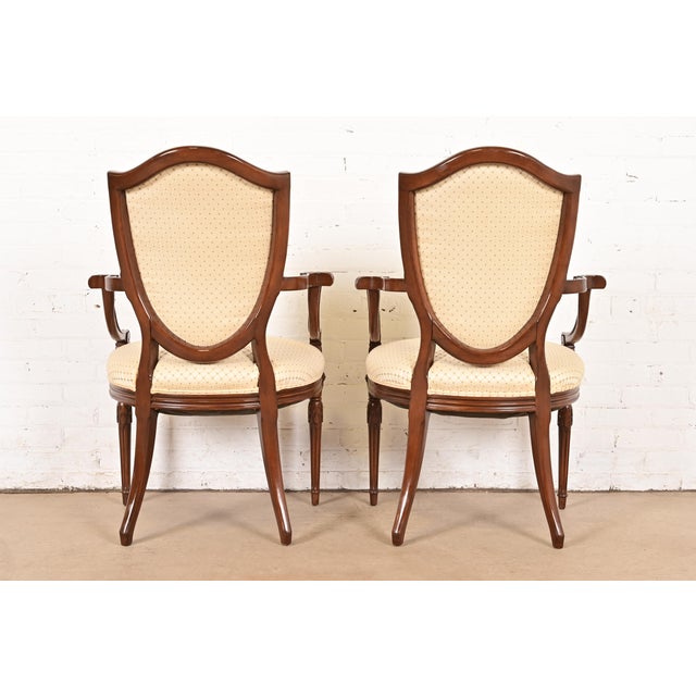 Baker Furniture Style French Regency Louis XVI Carved Walnut Shield Back Dining Chairs, Set of Eight For Sale - Image 12 of 13