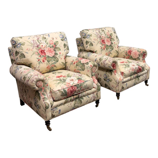 Shabby Chic Floral Patterned Arm Chairs, Pair For Sale