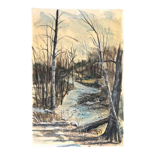 1970’s Impressionist Winter Landscape Watercolor Painting For Sale