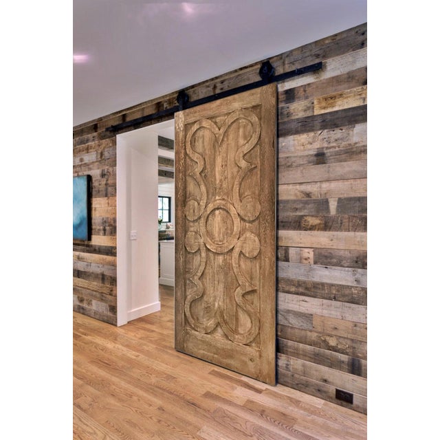 Rustic Hand-Carved Solid Wood Barn Door – Classical Scroll Pattern For Sale - Image 4 of 8