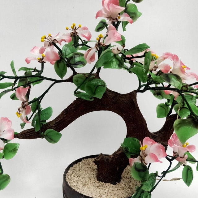 Asian Vintage Lampwork Glass Bonsai Tree – Pink Blossoms & Green Leaves For Sale - Image 3 of 8