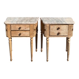 Pair of Louis XVI Style Swedish Marble Top Nightstands - Paris Apartment For Sale