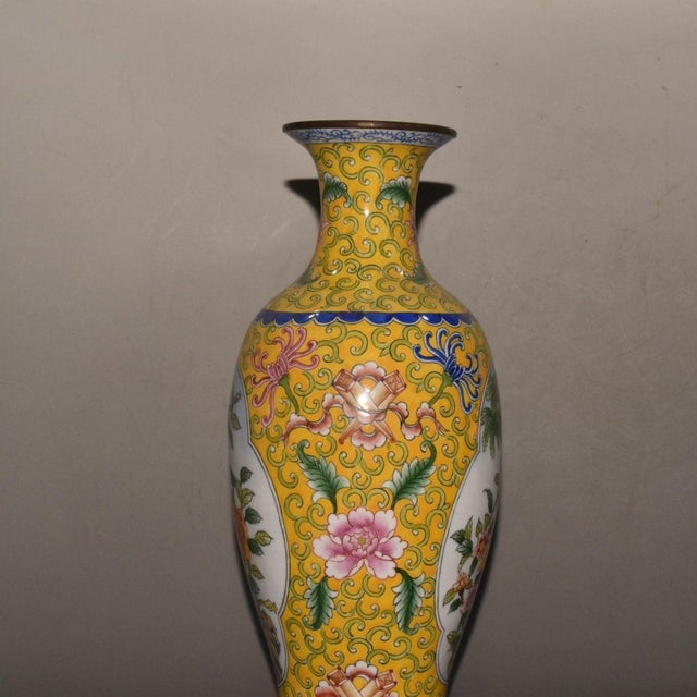 Vintage Chinese Gilt Copper Enamel "Bird & Flower" Vase, Qianlong Mark - 663g For Sale In Los Angeles - Image 6 of 9