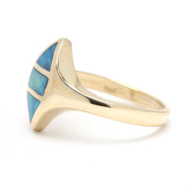 Opal Inlay Navette Ring, 14k Yellow Gold, Ring Size 6 For Sale - Image 4 of 6