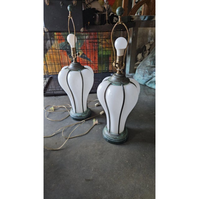 Metal Sarreid Italian Bronze Caged Murano White Glass Lamps - a Pair For Sale - Image 7 of 12