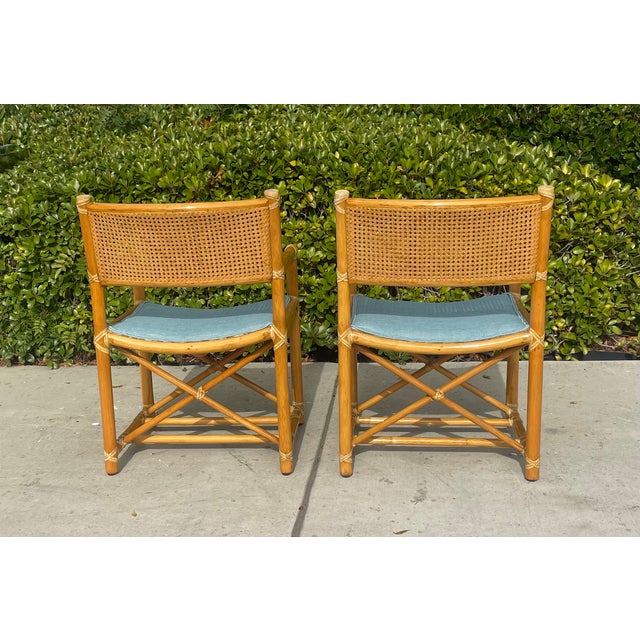 McGuire Pair of Vintage Rattan McGuire Directors Style Armchairs, Newly Upholstered Sunbrella Seats For Sale - Image 4 of 10