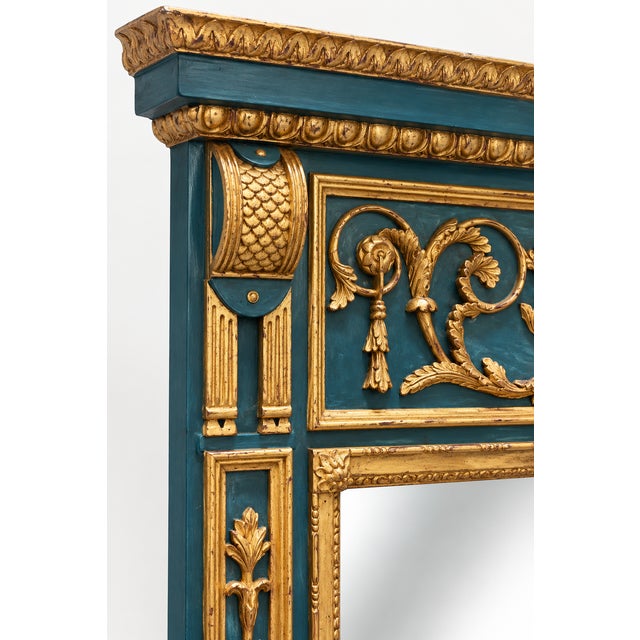 Wood Monumental Italian Neoclassical Louis XVI Style Blue & Giltwood Trumeau Wall Mirror For Sale - Image 7 of 9