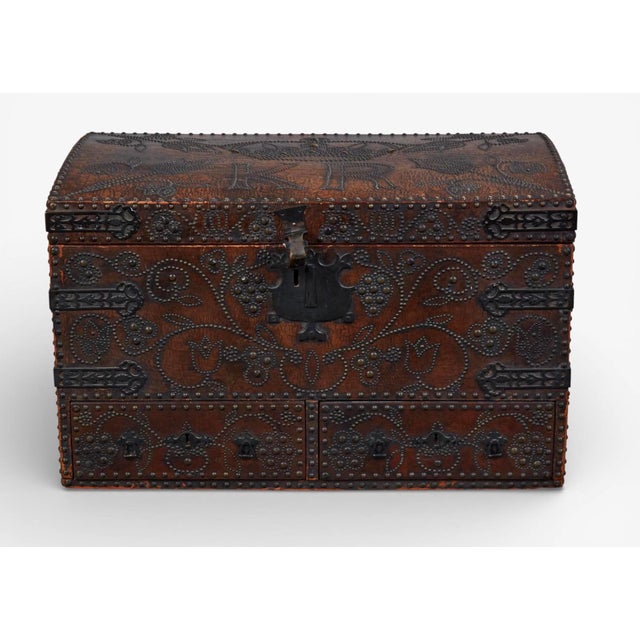 Charles II Wrought-Iron Mounted Brass-Studded Leather Coffer Trunk With Drawers For Sale - Image 4 of 12