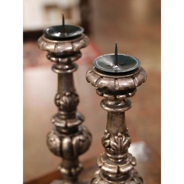 Mid 20th Century Pair of Mid-Century Italian Carved Silver-Leaf Pricket Candlesticks For Sale - Image 5 of 6