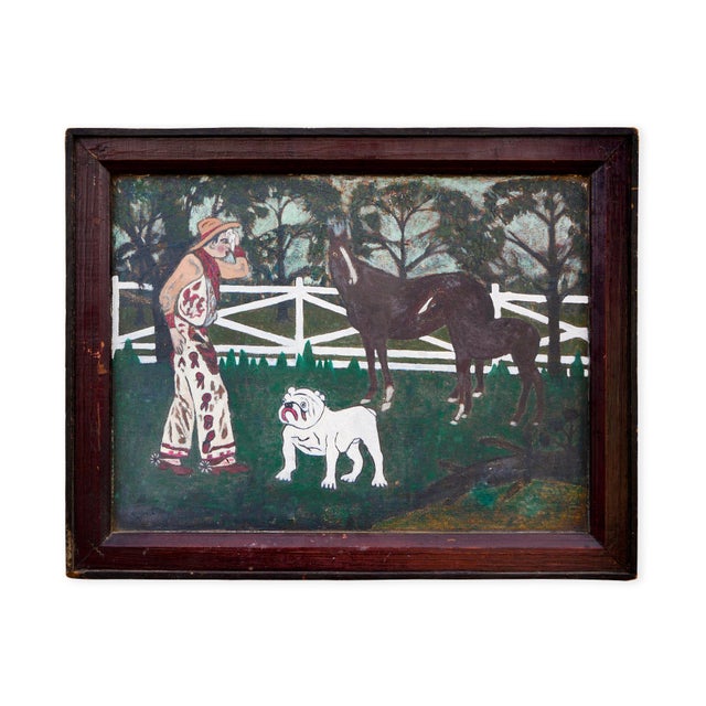 Abstract Abstract Folk Art Western Figurative Painting of a Cowboy, Horses, and a Dog, Early 20th Century For Sale - Image 3 of 10