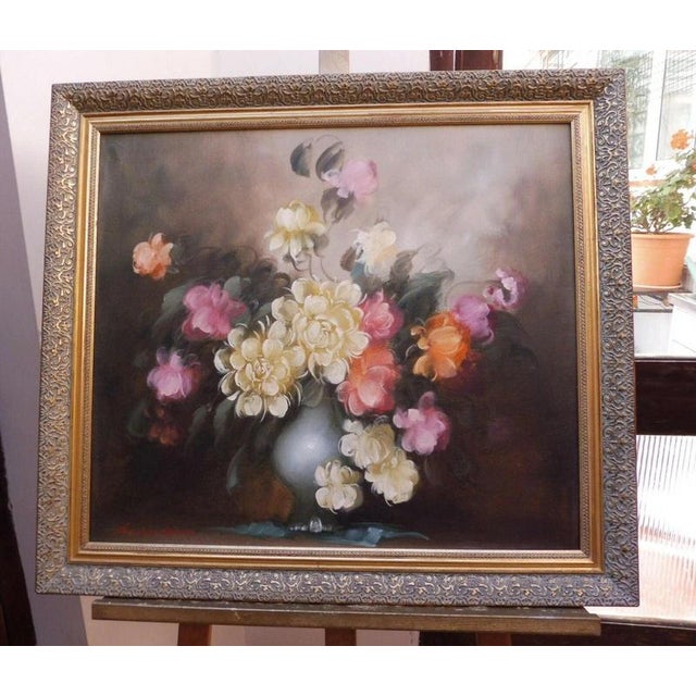 Large Floral Still Life with Roses, Signed Oil on Canvas, circa 1970s–1980s Material: Oil on canvas A large and highly...