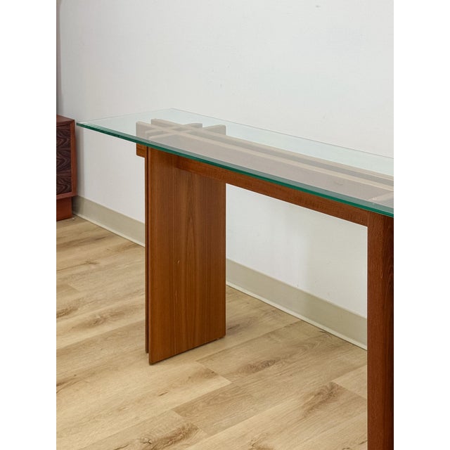 Vintage MCM Danish Teak Puzzle Console Table, Glass Top Mid Century, Entry Table, Danish Modern Sofa Table For Sale - Image 15 of 17