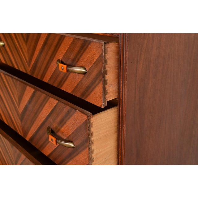 Brown Donald Deskey Style Antique Art Deco Inlaid Walnut Waterfall Highboy Dresser or Chest of Drawers, Circa 1930s For Sale - Image 8 of 12