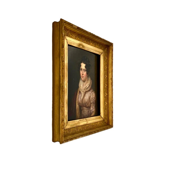 Early 20th Century Antique Portrait Elgant Lady Fine Painting Oil on Board in Wooden Golden Frame For Sale - Image 5 of 9