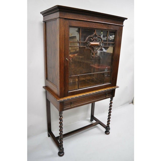 Antique Oak Jacobean English China Cupboard on Spiral Barley