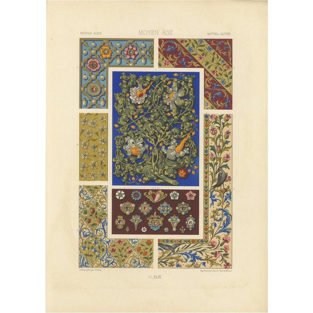 Medieval Flora and Birds Gothic Illuminated Ornament Print, 1869, Paper For Sale