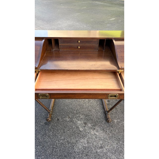 Brass Vintage Campaign Faux Bamboo Desk Tambour Drawers For Sale - Image 8 of 9