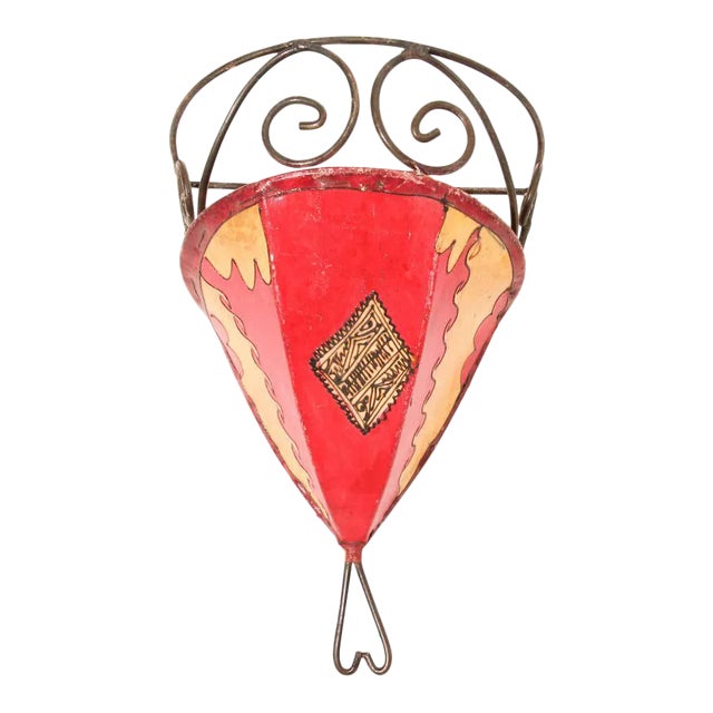 Vintage Moroccan Berber Painted-Hide Wall Sconce Shade, Iron Frame For Sale