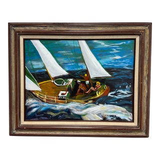 Novice Acrylic on Canvas Sailing Painting, Signed + Framed For Sale