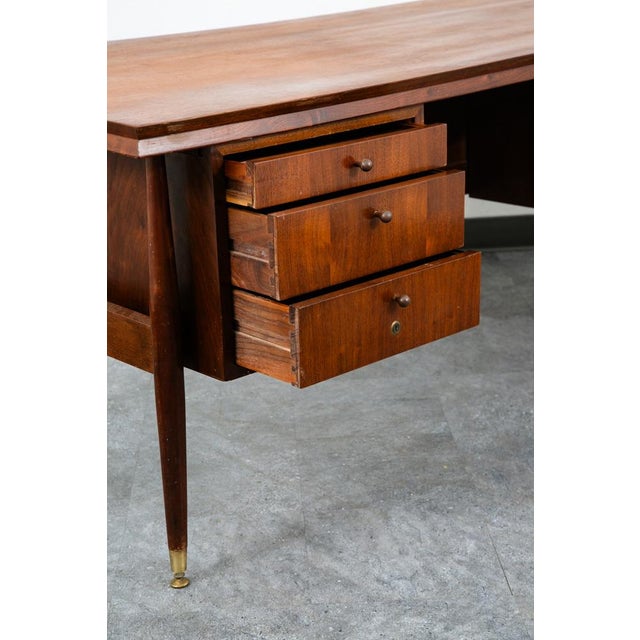 Brown 1960s Mid Century Modern Desk Office Executive Walnut Cane Back 4 Drawers File MCM 60s For Sale - Image 8 of 12
