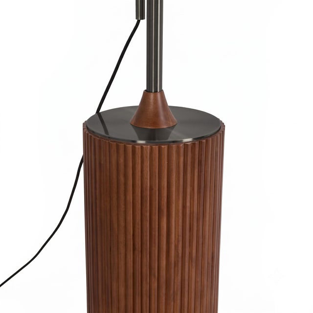 1980s Tambo Floor Lamp - 92" Mid Century Arc Lamp, Dark Walnut Base, Black Nickel Finish, Lucite Drum Shade For Sale In Los Angeles - Image 6 of 7
