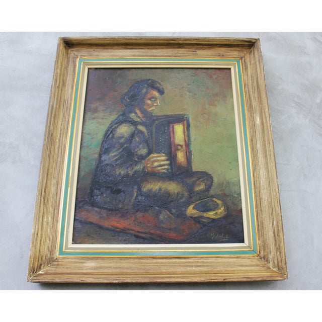 European Artist, Street Musician with Accordion, 1969, Oil on Canvas, Framed For Sale - Image 4 of 10