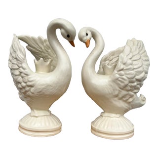 Late 20th Century Ceramic Swan Taper Candle Holders- a Pair For Sale