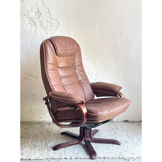 Brown Set of Scandinavian Brown Leather Recliner Lounge Chair with Ottoman, 1990 For Sale - Image 8 of 17