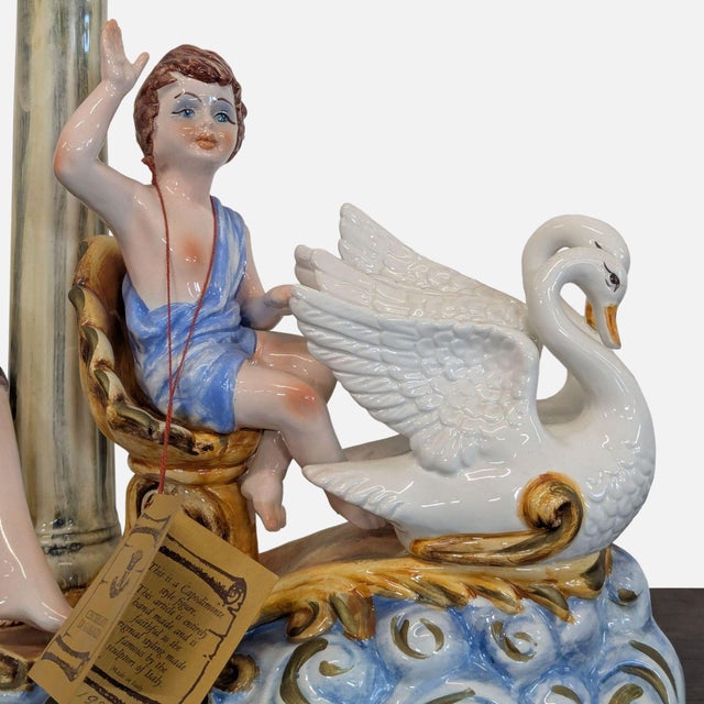 Late 20th Century Capodimonte Porcelain Sculpture - Lady With Cherub and Swan Chariot For Sale - Image 12 of 12