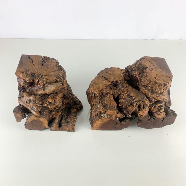 Wood Large Vintage Pair Unique Burl Wood Carved Sculptural Book Ends Mid Century MCM For Sale - Image 7 of 12