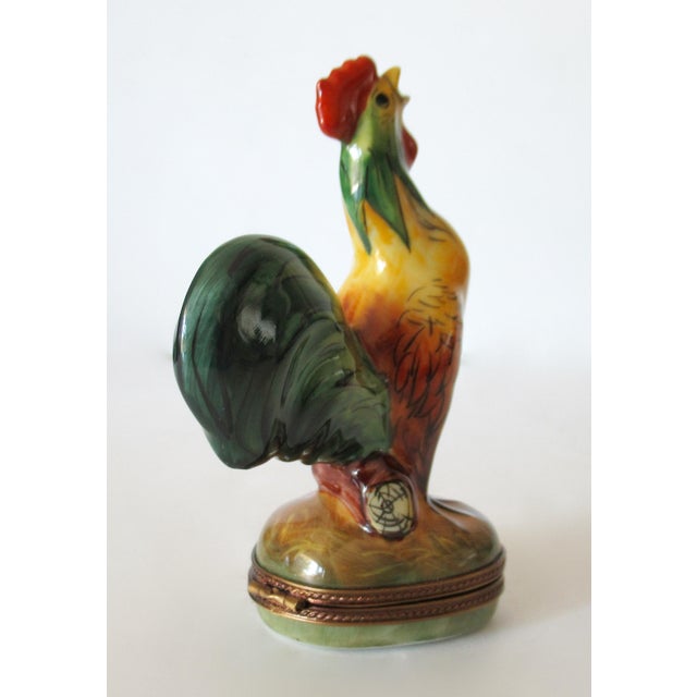 Metal Vintage Limoges, France Hand-Painted Porcelain Enamel Crowing "Rooster" Trinket Box For Sale - Image 7 of 13