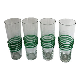 Contemporary Artisan Hand-Blown Green Spiral Clear Glass Tumblers Set For Sale