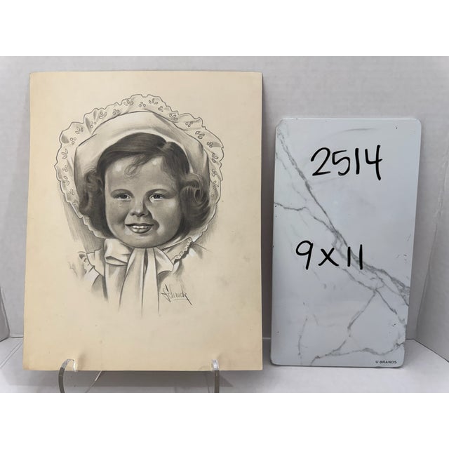 1940s Original Signed Graphite Illustration of Smiling Young Girl in Bonnet, 11 × 9 In. For Sale In Atlanta - Image 6 of 6
