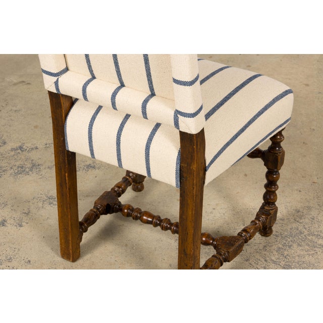Antique French Louis XIII Dining Chairs in Blue Striped Jacquard, Set of 12 For Sale - Image 16 of 18