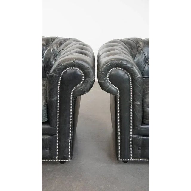 Black Grained Cowhide Chesterfield Armchairs, Set of 2 For Sale - Image 10 of 17