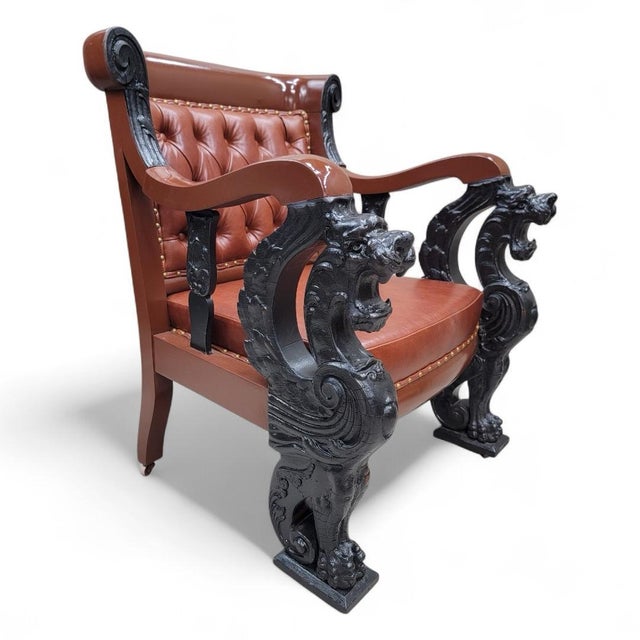 Antique r.j. Horner Style Carved Winged Griffin Tufted Parlor Set Newly Restored & Reupholstered in Leather - 3 Piece Set For Sale - Image 12 of 12